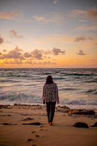 A person walking on a sandy beach toward the ocean under a warm sky